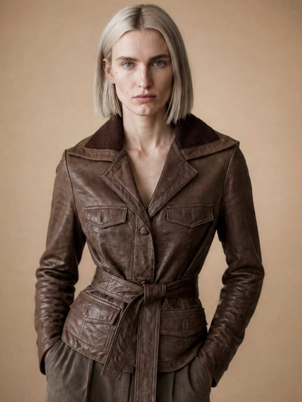 Women Eprit leather belt jacket buttons knit collar light brown